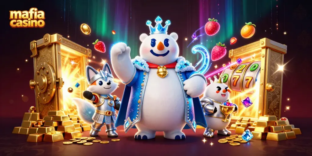 Mafia Casino: Engage with thrilling slot action alongside the ice king and snow fox in a treasure-filled environment.