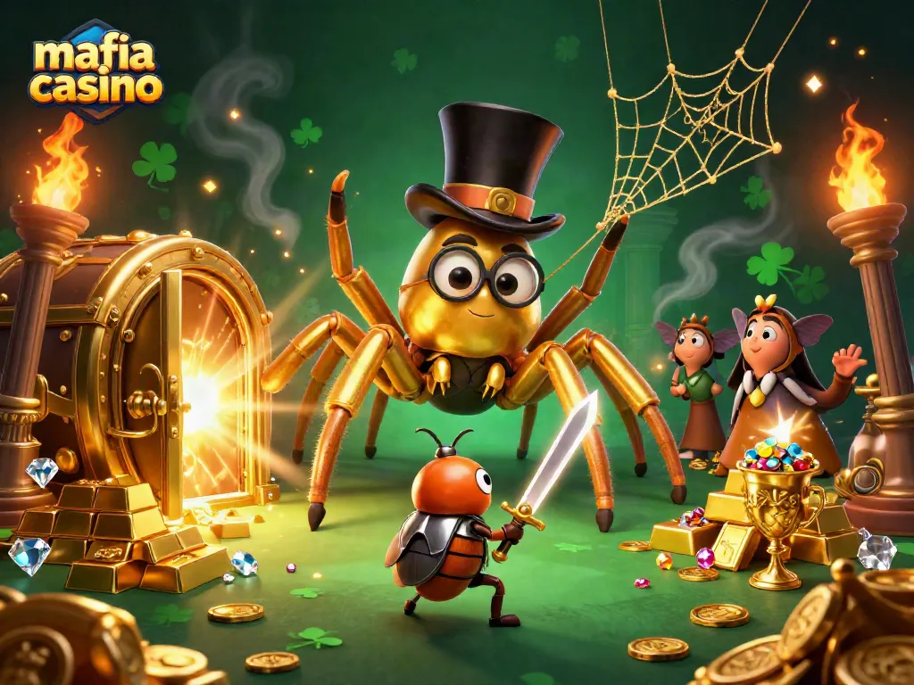 Mafia casino features a golden tarantula and a beetle knight amid treasure and excitement.