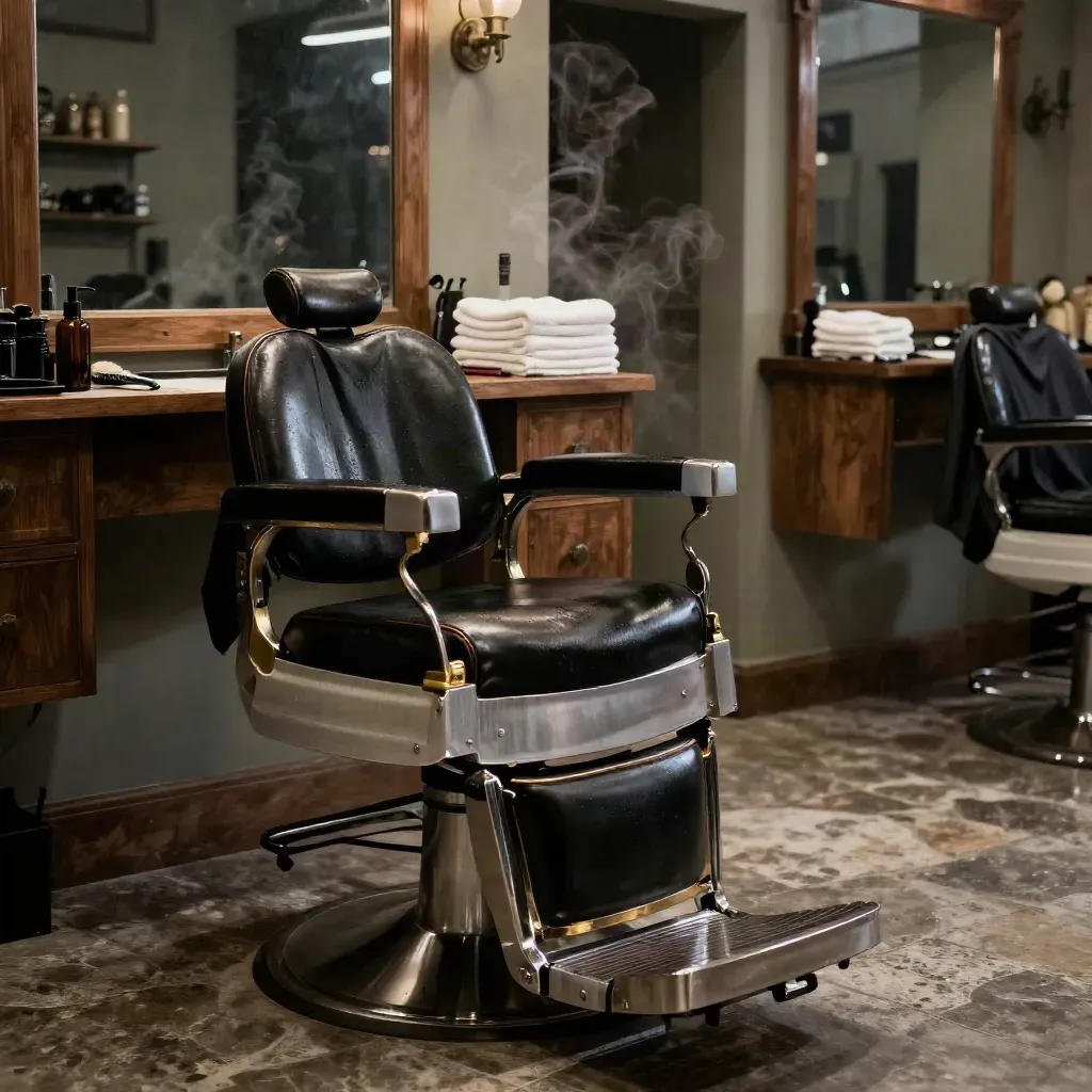 Poltrona da barbiere nera, rasoio aperto, asciugamani caldi e luce d’alba in una barberia elegante.