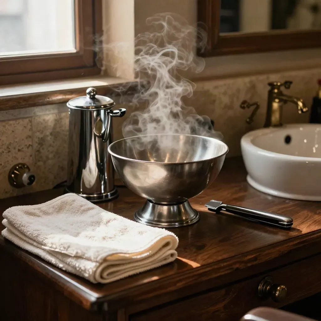 Bacino da barba con vapore, panno caldo, rasoio dritto e ciotola in acciaio.