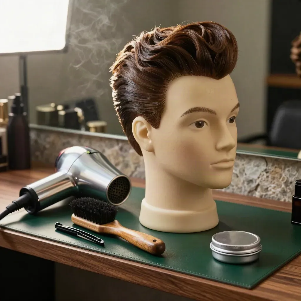 Pompadour maschile su testa finta con spazzola, phon, mollette e cera su mensola da barbiere