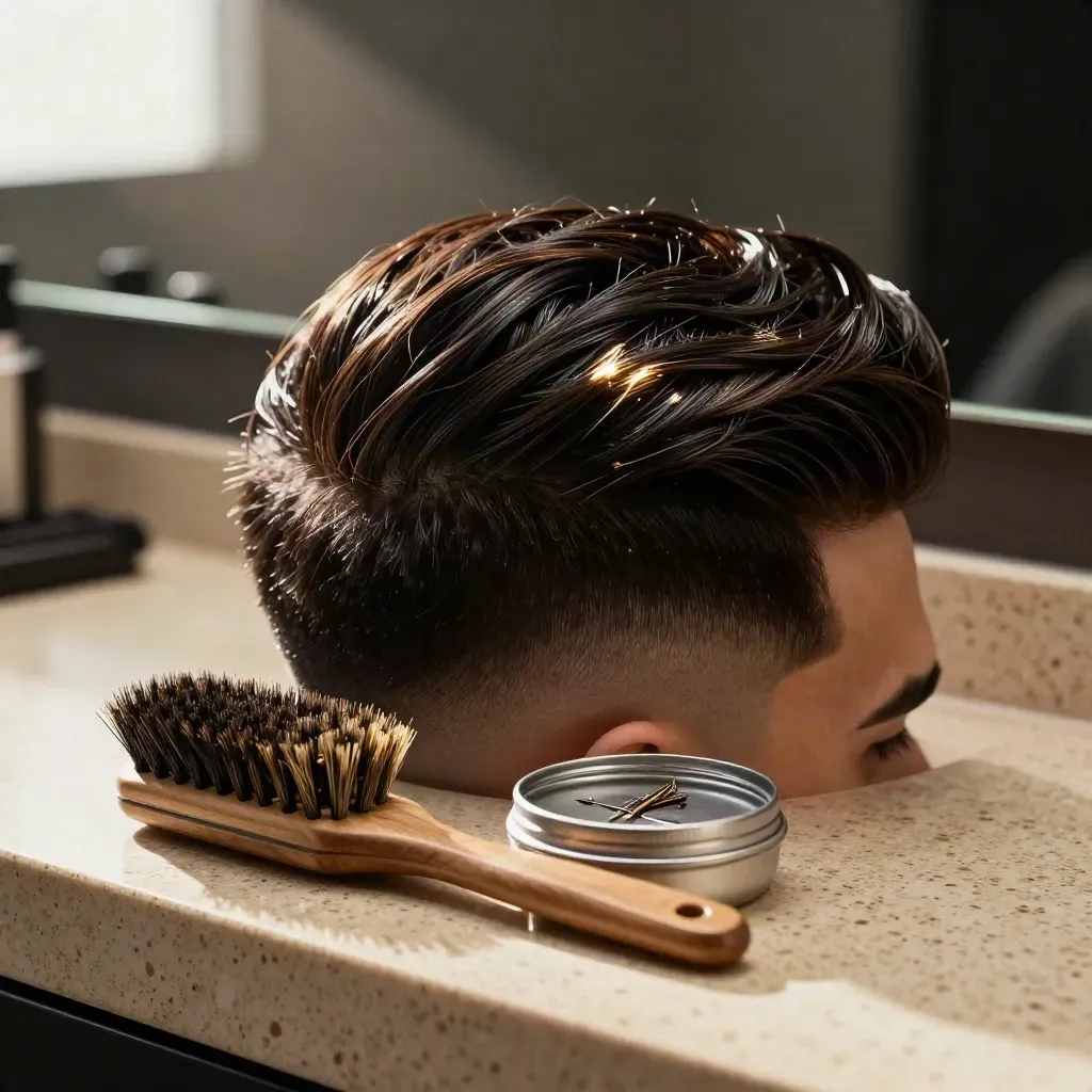 Testa da training con volume laterale, spazzola rotonda e crema styling su ledge caldo in luce naturale.