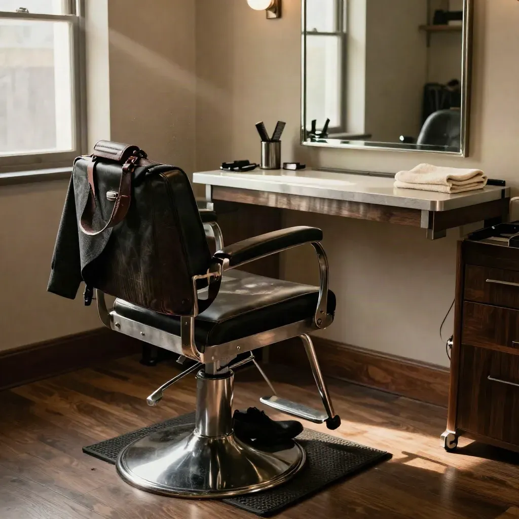 Postazione barberia ordinata con borsa da lavoro, blazer piegato e scarpe lucidate.