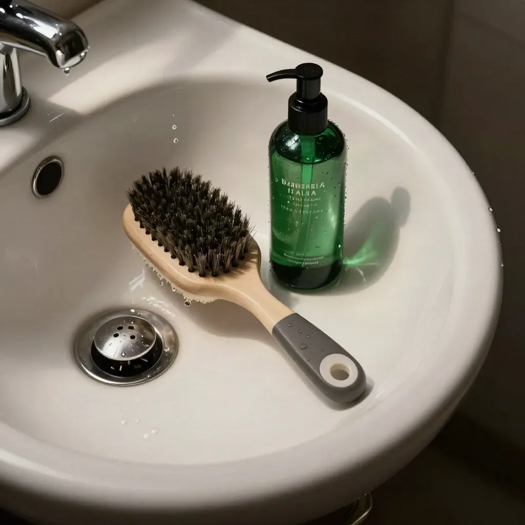 Lavabo dall’alto con spazzola esfoliante, siero e anello asciugamano, residuo sottile