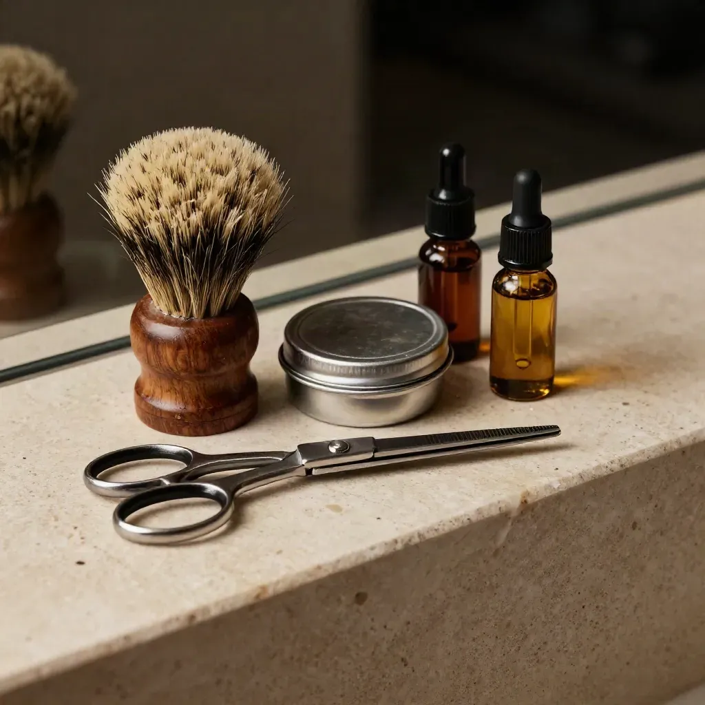 Kit da barba in macro su pietra spazzolata, con goccia d’olio sul beccuccio.