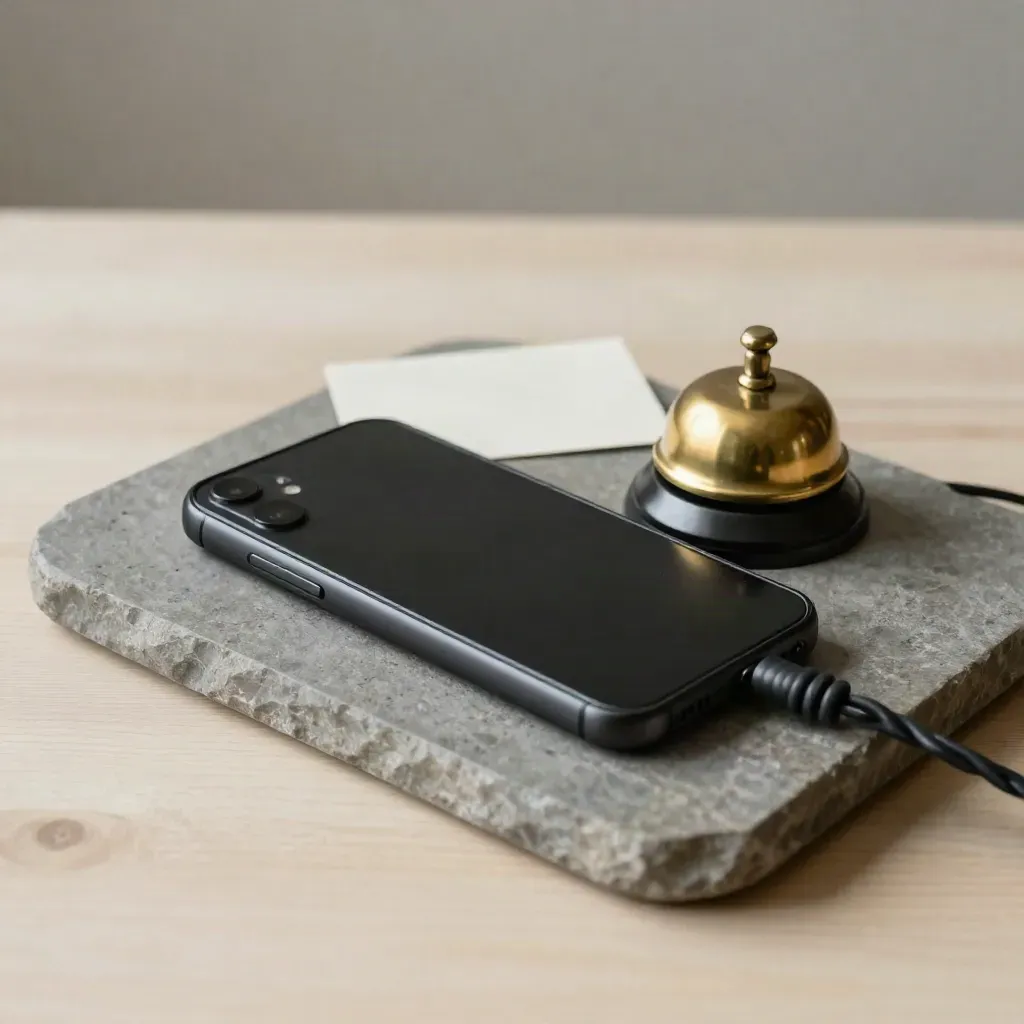 Smartphone a faccia in giù con campanello in ottone e cavo arrotolato su vassoio in pietra.