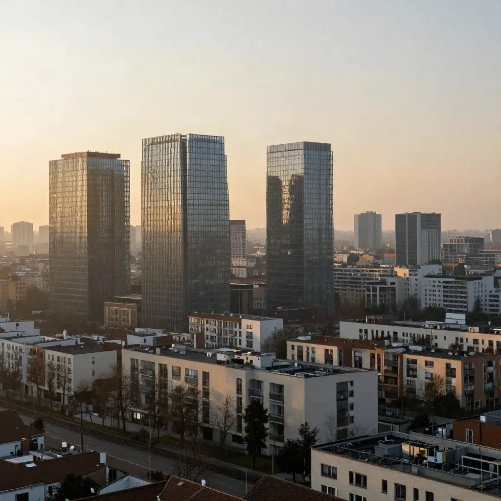 Skyline di Milano Nord al mattino dorato, torri moderne e tetti immersi nella foschia