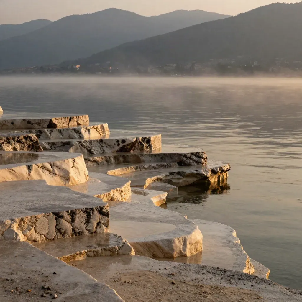 Terrazze in pietra sul lago di Como con nebbia e montagne lontane.